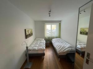 采尔马特Penthouse Matterhorn Vista的有两张床和一面镜子的卧室