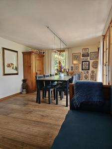 une salle à manger avec une table et un canapé dans l'établissement Chalet Tannegüetli, à Grindelwald