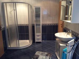 ein Badezimmer mit Dusche und Waschbecken in der Unterkunft Ferienwohnung für 5 Personen ca 70 m in Neustrelitz, Mecklenburg-Vorpommern Mecklenburgische Seenplatte in Neustrelitz