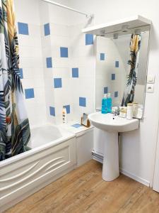un bagno con un lavandino, una vasca e uno specchio di Appartement rénové 50M2 avec jardin a Boulogne-sur-Mer
