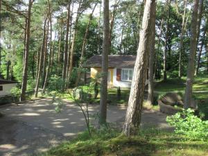 une petite maison dans les bois avec un arbre dans l'établissement Ferienhäuser Mit Pool In Ruhiger Lage Am Waldrand, à Niederaula