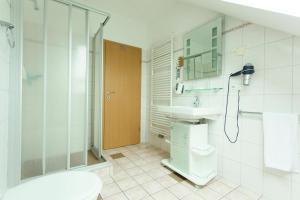 ein Badezimmer mit Dusche, Toilette und Waschbecken in der Unterkunft Ferienwohnung für 2 Personen ca 60 m in Rheinsberg, Mecklenburgische Seenplatte Rheinsberger Seengebiet in Rheinsberg