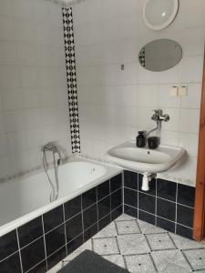 Un baño con lavabo y bañera. en Drevenica u Holtana mini, en Oščadnica