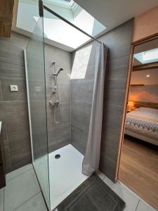una ducha con puerta de cristal en un baño en Chez Delphine, en Doizieux