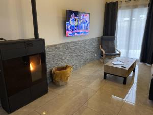 un salon avec une cheminée et une télévision dans l'établissement Magnifique Villa Sabot de Venus, à Le Lautaret