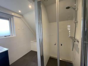 a bathroom with a shower with a glass door at Bungalowpark Simpelveld - Alpha 97 in Simpelveld +15 photos
