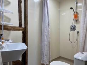 a bathroom with a sink and a toilet and a shower at The Friars Apartment, Eastbridge Hospital in Canterbury