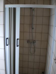 une douche avec pommeau de douche dans une salle de bain dans l'établissement Ländliche Ferienwohnung Mit Fahrradverleih, à Goosefeld
