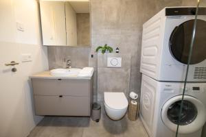 a bathroom with a washing machine and a sink at New Downtown Retreat in Akureyri
