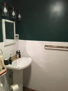 ein Badezimmer mit einem weißen Waschbecken und einer grünen Wand in der Unterkunft Pico Killington Ski Cabin Mtn View Wood Stove in Mendon