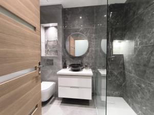 une salle de bain avec un lavabo et un miroir dans l'établissement l'Ecrin Vert Disney Land Maison 2chambres, à Chalifert 10 autres photos