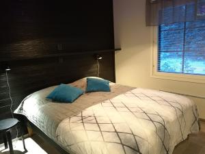 una camera da letto con un letto con due cuscini blu di Taiga-Tupa a Syöte