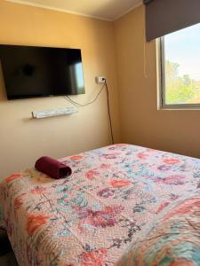 ein Schlafzimmer mit einem Bett und einem Flachbildfernseher an der Wand in der Unterkunft Dep full equipado en el centro de la ciudad modernidad 3 habitaciones 1 baño in Rancagua
