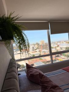 ein Wohnzimmer mit Couch und großem Fenster in der Unterkunft Dep full equipado en el centro de la ciudad modernidad 3 habitaciones 1 baño in Rancagua