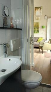 a bathroom with a sink and a toilet and a living room at Saffier Zuid-Limburg in Simpelveld +50 photos