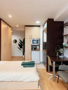 a bedroom with a bed and a table and a kitchen at Apartamentos Marques de Teverga , Oviedo centro in Oviedo +13 photos