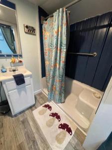 a bathroom with a shower and a sink and a shower curtain at Neals Nest Cozy Cabin in Chiefland