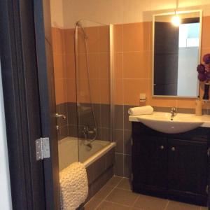 y baño con ducha, lavabo, bañera y espejo. en Mobydick Apartments by RBG, en Xlendi