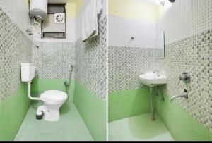 Dos fotos de un baño verde con inodoro y lavabo. en Magadh Kutumb Guest House, en Patna