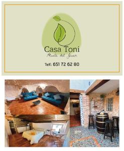 a collage of two pictures of a room with a table at Casa Cueva Toni in Alcalá del Júcar