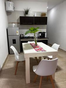 eine Küche mit einem weißen Tisch mit einer Pflanze darauf in der Unterkunft La Termal Centro in Presidencia Roque Sáenz Peña