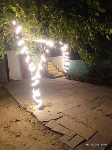 Eine Lichterkette an einer Treppe bei Nacht in der Unterkunft Shri radha rani dham in Vrindāvan