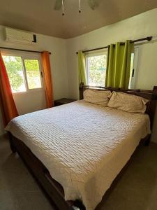 Un dormitorio con una cama grande y dos ventanas. en Nice villa near the beach, en Cabarete