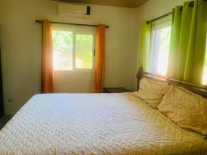 Un dormitorio con una cama con cortinas verdes y una ventana. en Nice villa near the beach, en Cabarete 1 foto más
