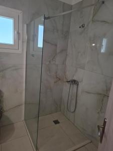 a shower with a glass door in a bathroom at Βessie's Village in Kefallonia +5 photos