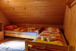 two beds in a room with wooden walls at Mountain lodge Pokljuka in Bohinjska Bistrica