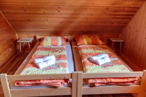 two beds in a cabin with wooden walls at Mountain lodge Pokljuka in Bohinjska Bistrica +1 photo
