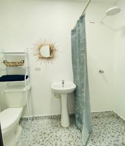 ein weißes Badezimmer mit Toilette und Waschbecken in der Unterkunft Hostal La casa de Ross in Santa Ana
