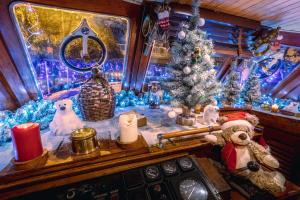 纳博讷Bateau Le Nubian的一间装饰着圣诞花和圣诞树的房间