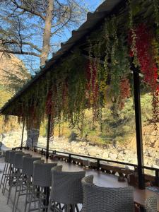 un cenador con flores colgando de él en HOM House of MannMauji Riverside kasol, en Kasol