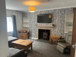 a living room with a fireplace with a flat screen tv at Highland Park Cottage in Kirkwall