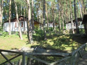 une cabane dans les bois avec une clôture et des arbres dans l'établissement Ferienhäuser Mit Pool In Ruhiger Lage Am Waldrand, à Niederaula