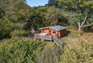 une vue aérienne d'une cabane en rondins dans les bois dans l'établissement Pine Marten, à Kilmichael Glassary 3 autres photos