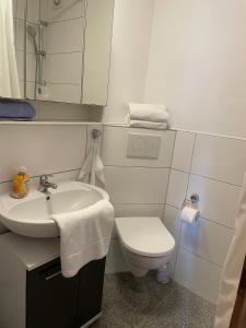 a small bathroom with a sink and a toilet at Zentrales City Apartment im Zentrum aber trotzdem ruhig in Bamberg
