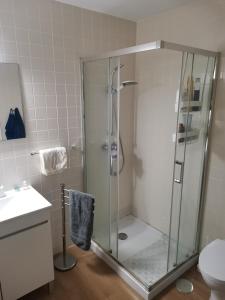 a shower with a glass door in a bathroom at Casa da Lara in Aveiro +15 photos