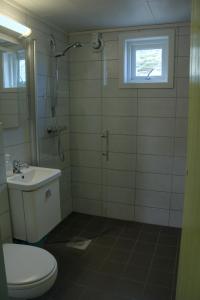 une salle de bains avec douche, toilettes et lavabo dans l'établissement Kræmmervika Rorbuer - Rustic Cabins & Hostel in Lofoten, à Ballstad