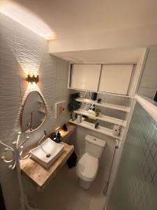 a bathroom with a toilet and a sink and a mirror at Conforto Frente ao Mar - Areia Preta in Guarapari