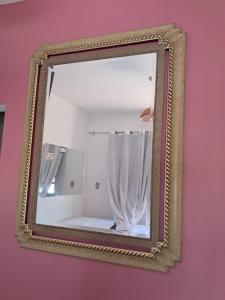 a mirror on a pink wall with a shower curtain at kitnet Ceu in Campo Grande +17 photos