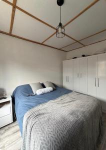 Schlafzimmer mit einem großen blauen Bett und einer Decke in der Unterkunft Casa en Maldonado in Maldonado