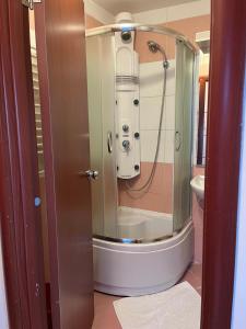 尼什Apartman Luka的浴室里有玻璃门的淋浴间 更多18张照片