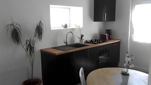 une cuisine avec un évier, une table et une fenêtre dans l'établissement Gite Les Jardins d'Harmonie, à Bourgneuf