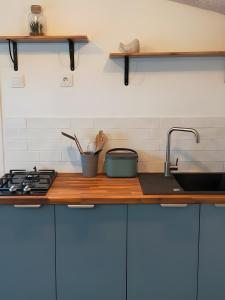 un comptoir de cuisine avec un évier et une cuisinière dans l'établissement Gite La Maison d'Harmonie, à Bourgneuf