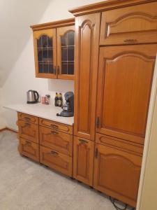 cocina con armarios de madera y encimera en Zimmer mit Stall, en Geestland