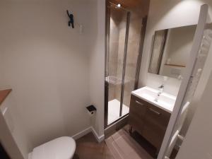 a bathroom with a shower and a toilet and a sink at Moderne 3 pièces, balcon sud, centre station, pied des pistes – Courchevel - FR-1-513-23 in La Tania +5 photos