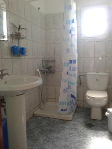 a bathroom with a toilet and a sink and a shower curtain at Elpida Studio in Trapezaki