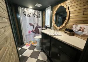 une salle de bain avec toilettes, lavabo et miroir dans l'établissement Sunrise, Mountain & Farm View - Heated Tub or Pool, à Mentone 28 autres photos